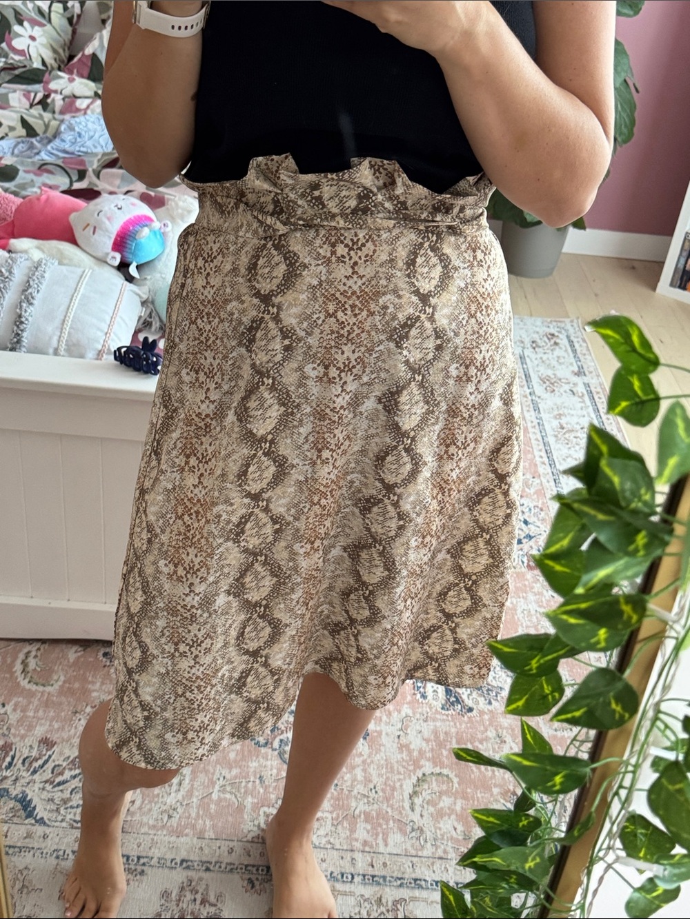 Snake Print Paperbag Waist Midi Skirt - Beige/Brown